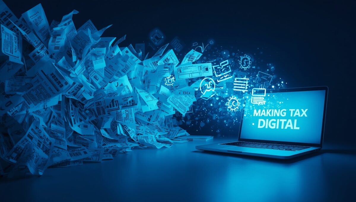 Paper receipts transforming into digital financial icons flowing into a laptop displaying a Making Tax Digital screen.