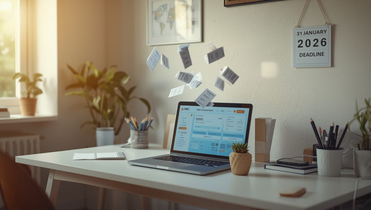 A tidy home office desk with a laptop displaying an online HMRC Self Assessment page, with digital receipts floating toward the screen and a wall calendar showing the 31 January 2026 tax deadline.