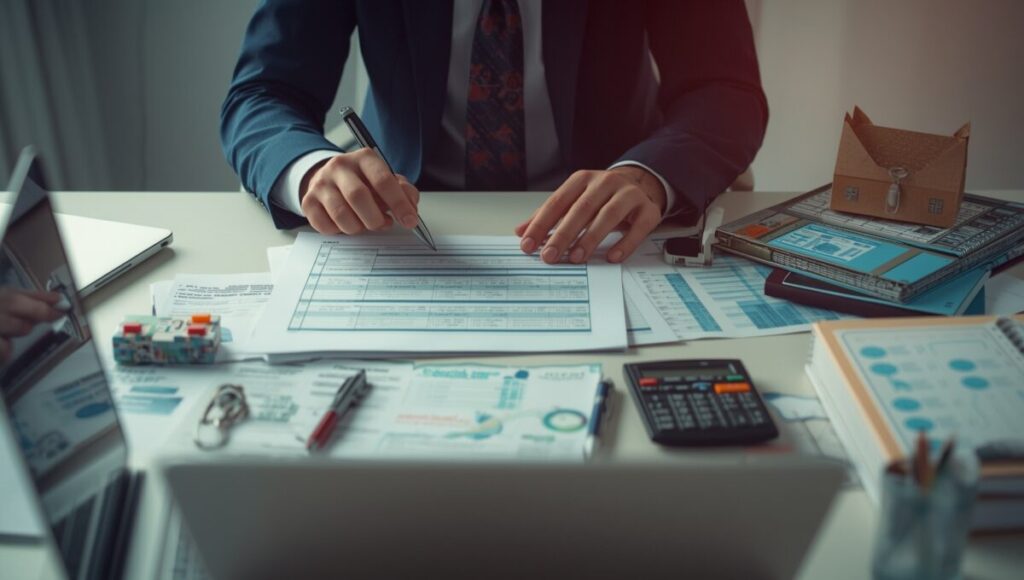 Small business owner reviewing financial documents and compliance paperwork related to Companies House filing fees.